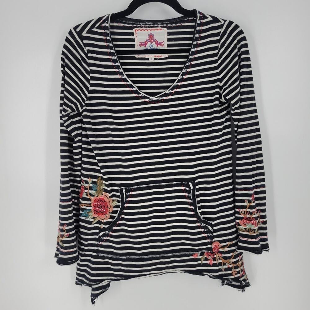 Johnny Was Striped Floral Embroidered V Neck Kangaroo Pocket Blouse S